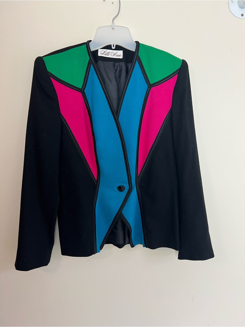 Lilli Ann Black Blazer with Teal, Hot Pink & Green Colorblock